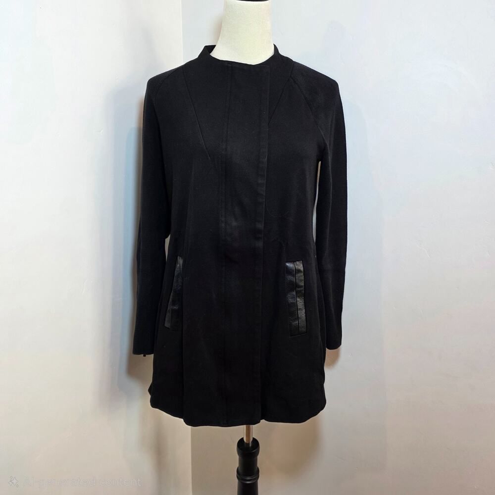 Cabi Stretch Ponte Knit Long Black Zip Jacket Size S Pockets Longline